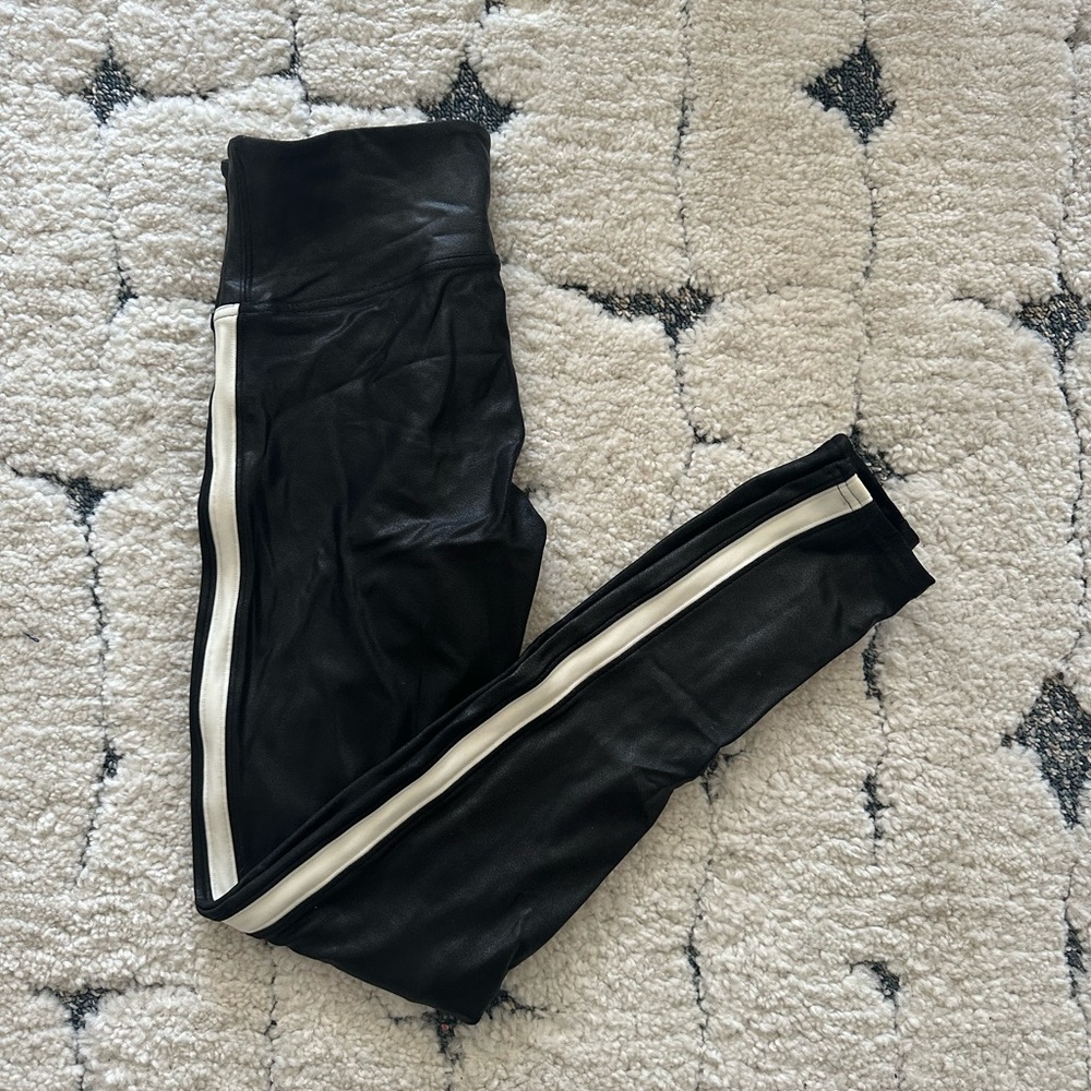 Spanx Faux Leather Black Leggings with White Stripe